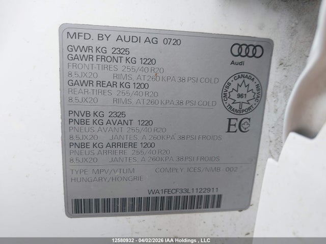 Aukcja sprzedaży 2020 Audi Q3, vin: WA1FECF33L1122911, numer aukcji: 12580932