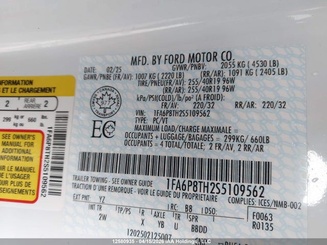 12580935 :رقم المزاد ، 1FA6P8TH2S5109562 vin ، 2025 Ford Mustang Ecoboost مزاد بيع