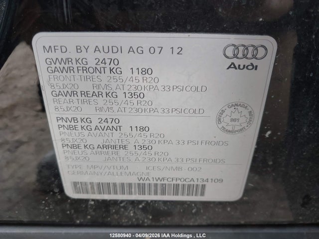 Продаж на аукціоні авто 2012 Audi Q5 2.0t Premium Plus, vin: WA1WFCFP0CA134109, номер лоту: 12580940