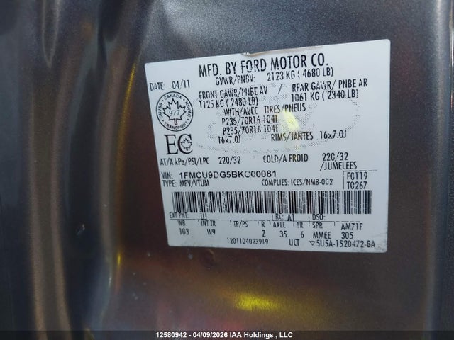 Продажа на аукционе авто 2011 Ford Escape Xlt, vin: 1FMCU9DG5BKC00081, номер лота: 12580942