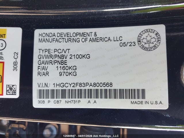 1HGCY2F83PA800568 Honda Accord Hybrid Touring