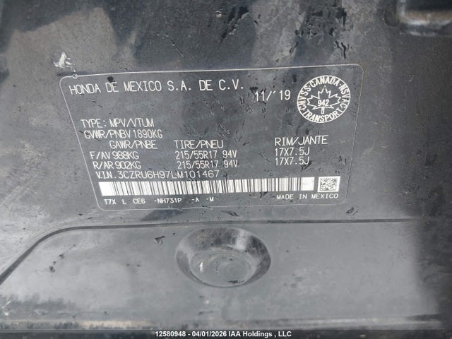 3CZRU6H97LM101467 Honda Hr-v Touring