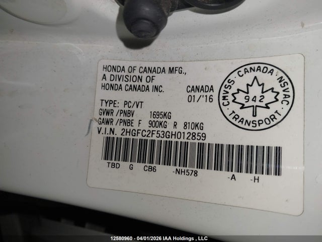 Продаж на аукціоні авто 2016 Honda Civic, vin: 2HGFC2F53GH012859, номер лоту: 12580960