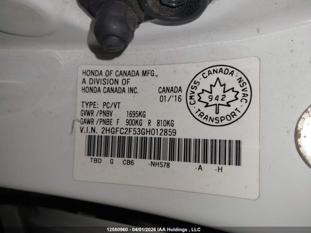 Продаж на аукціоні авто 2016 Honda Civic, vin: 2HGFC2F53GH012859, номер лоту: 12580960