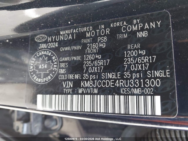 12580975 :رقم المزاد ، KM8JCCDE4RU331300 vin ، 2024 Hyundai Tucson Sel مزاد بيع