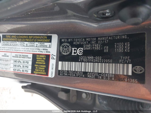 2017 Toyota Camry მანქანა იყიდება აუქციონზე, vin: 4T1BD1FK0HU222050, აუქციონის ნომერი: 12580977