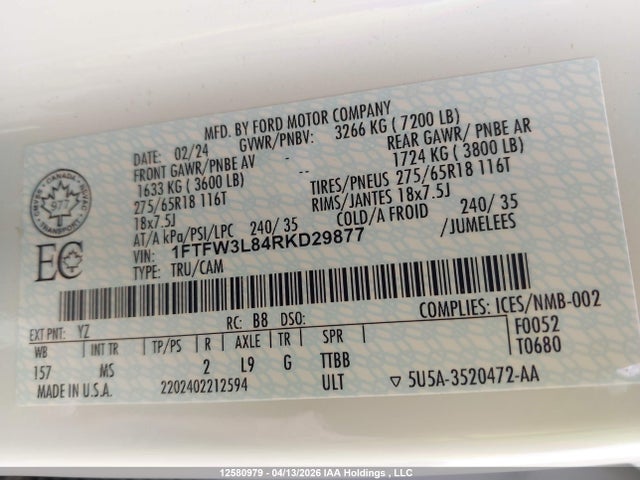 1FTFW3L84RKD29877 Ford F150 Xlt