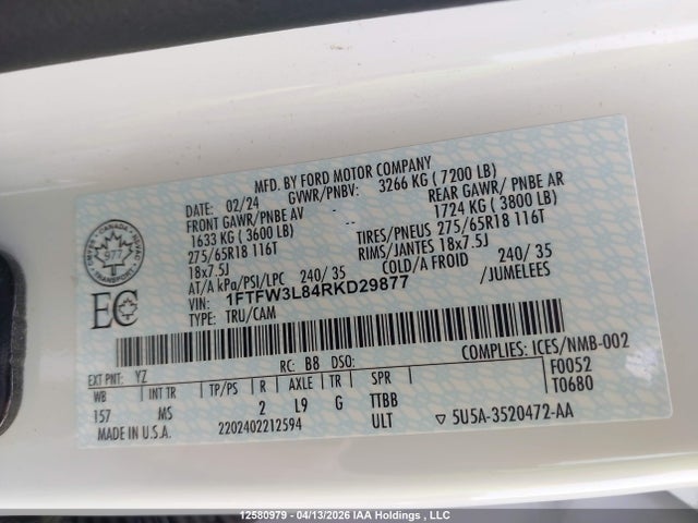 1FTFW3L84RKD29877 Ford F150 Xlt