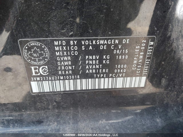 Aukcja sprzedaży 2015 Volkswagen Golf, vin: 3VW217AU2FM103018, numer aukcji: 12580980