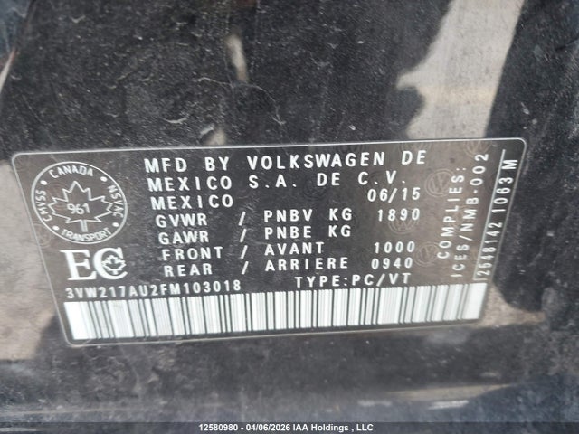 Aukcja sprzedaży 2015 Volkswagen Golf, vin: 3VW217AU2FM103018, numer aukcji: 12580980