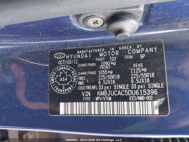 12580981 :رقم المزاد ، KM8JUCAC5DU615396 vin ، 2013 Hyundai Tucson Limited مزاد بيع