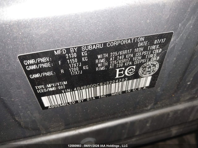 12580983 :رقم المزاد ، 4S4BSDDC8J3204703 vin ، 2018 Subaru Outback 2.5i Premium مزاد بيع