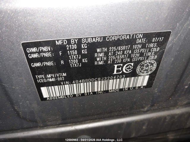 12580983 :رقم المزاد ، 4S4BSDDC8J3204703 vin ، 2018 Subaru Outback 2.5i Premium مزاد بيع