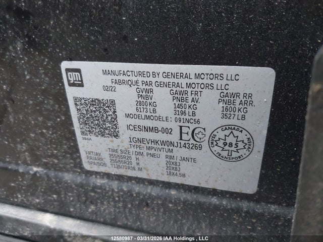 1GNEVHKW0NJ143269 Chevrolet Traverse Lt True North