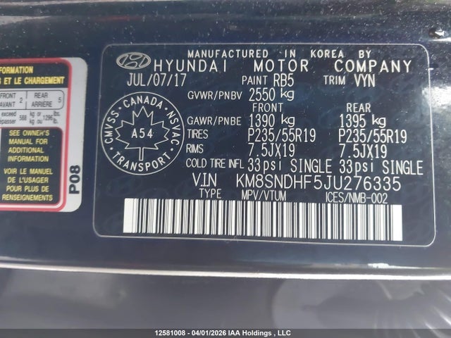 KM8SNDHF5JU276335 Hyundai Santa Fe Xl Limited
