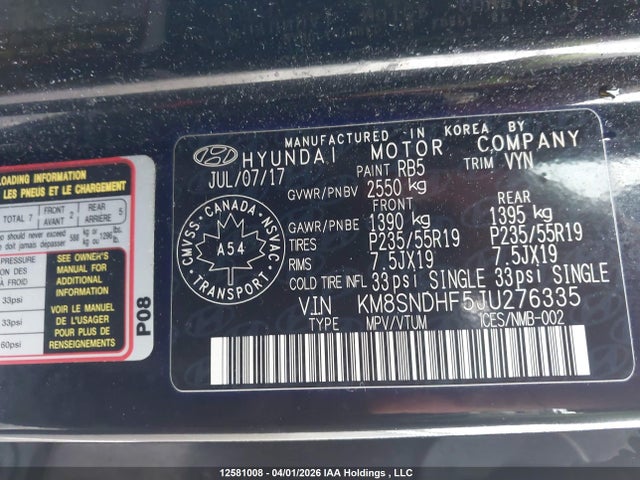 KM8SNDHF5JU276335 Hyundai Santa Fe Xl Limited