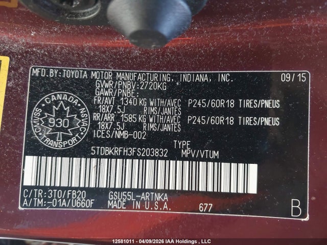 12581011 :رقم المزاد ، 5TDBKRFH3FS203832 vin ، 2015 Toyota Highlander Le مزاد بيع