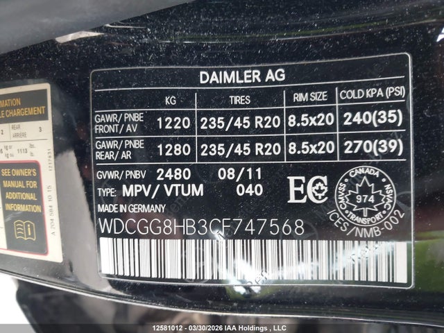 12581012 :رقم المزاد ، WDCGG8HB3CF747568 vin ، 2012 Mercedes-benz Glk 350 4matic مزاد بيع