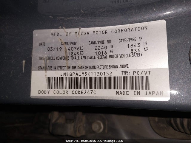 12581015 :رقم المزاد ، JM1BPALM5K1130152 vin ، 2019 Mazda 3 Preferred Plus مزاد بيع