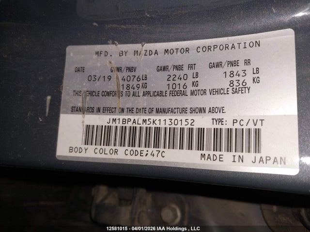 12581015 :رقم المزاد ، JM1BPALM5K1130152 vin ، 2019 Mazda 3 Preferred Plus مزاد بيع