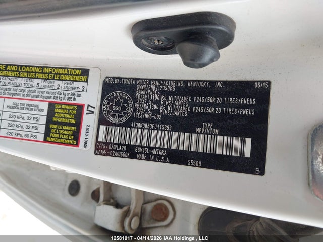12581017 :رقم المزاد ، 4T3BK3BB3FU119393 vin ، 2015 Toyota Venza Le/xle/limited مزاد بيع
