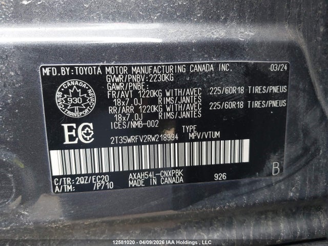 12581020 :رقم المزاد ، 2T35WRFV2RW218994 vin ، 2024 Toyota Rav4 مزاد بيع