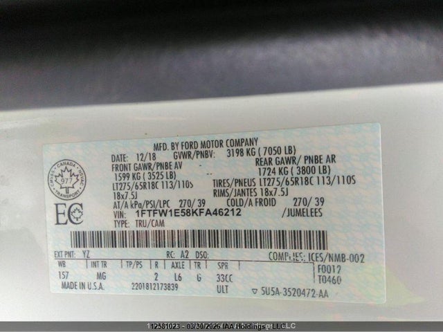 Aukcja sprzedaży 2019 Ford F-150 Xlt, vin: 1FTFW1E58KFA46212, numer aukcji: 12581023