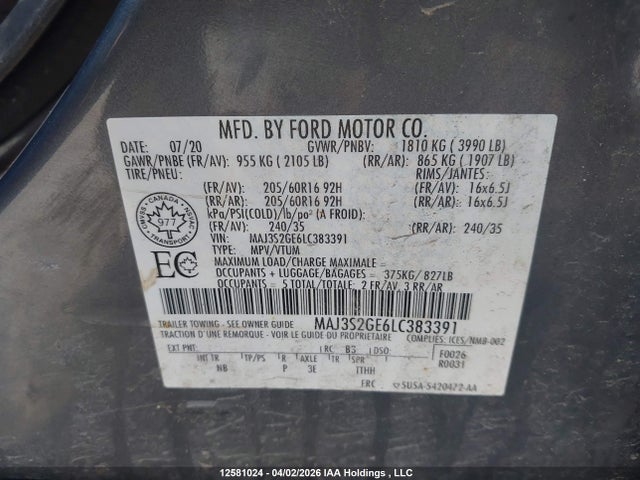 2020 Ford Ecosport Se მანქანა იყიდება აუქციონზე, vin: MAJ3S2GE6LC383391, აუქციონის ნომერი: 12581024