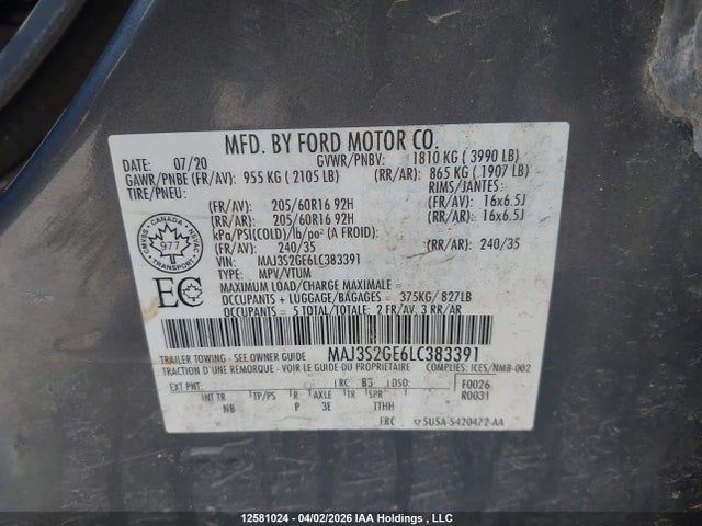 2020 Ford Ecosport Se მანქანა იყიდება აუქციონზე, vin: MAJ3S2GE6LC383391, აუქციონის ნომერი: 12581024
