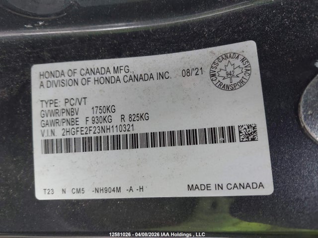 Aukcja sprzedaży 2022 Honda Civic Lx, vin: 2HGFE2F23NH110321, numer aukcji: 12581026