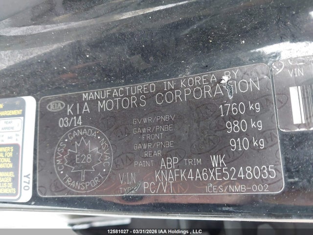 12581027 :رقم المزاد ، KNAFK4A6XE5248035 vin ، 2014 Kia Forte 1.8l Lx/1.8l Lx+/1.8l Se مزاد بيع