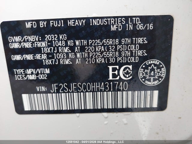 Aukcja sprzedaży 2017 Subaru Forester 2.5i Touring, vin: JF2SJESC0HH431740, numer aukcji: 12581042