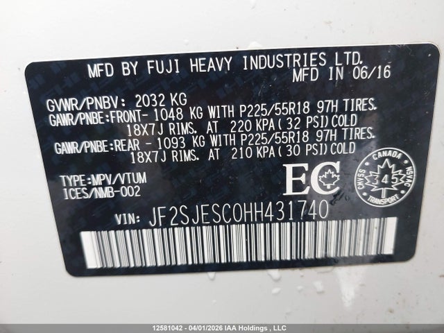 Aukcja sprzedaży 2017 Subaru Forester 2.5i Touring, vin: JF2SJESC0HH431740, numer aukcji: 12581042