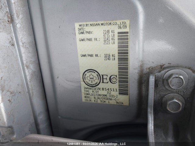2009 Nissan Maxima S/sv მანქანა იყიდება აუქციონზე, vin: 1N4AA51E59C854511, აუქციონის ნომერი: 12581051