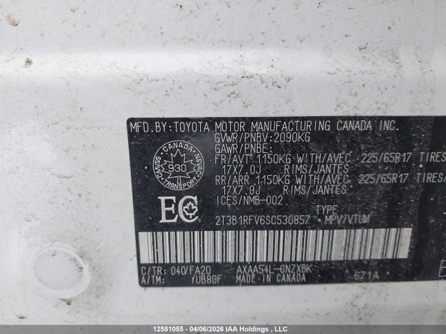 12581055 :رقم المزاد ، 2T3B1RFV6SC530857 vin ، 2025 Toyota Rav4 Le مزاد بيع