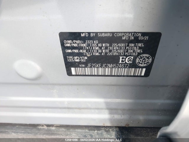 12581056 :رقم المزاد ، JF2SKEJC2MH524672 vin ، 2021 Subaru Forester Touring مزاد بيع