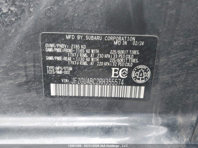 Продажа на аукционе авто 2024 Subaru Crosstrek Convenience, vin: JF2GUABC2RH355574, номер лота: 12581058