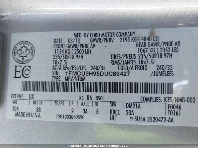 Продаж на аукціоні авто 2013 Ford Escape Sel, vin: 1FMCU9H95DUC89427, номер лоту: 12581061