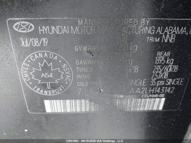 2020 Hyundai Santa Fe Preferred Turbo Awd With Sun And Leather Package მანქანა იყიდება აუქციონზე, vin: 5NMS3CAA2LH143142, აუქციონის ნომერი: 12581062