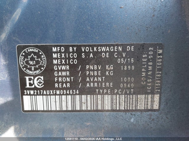 3VW217AUXFM094634 Volkswagen Golf