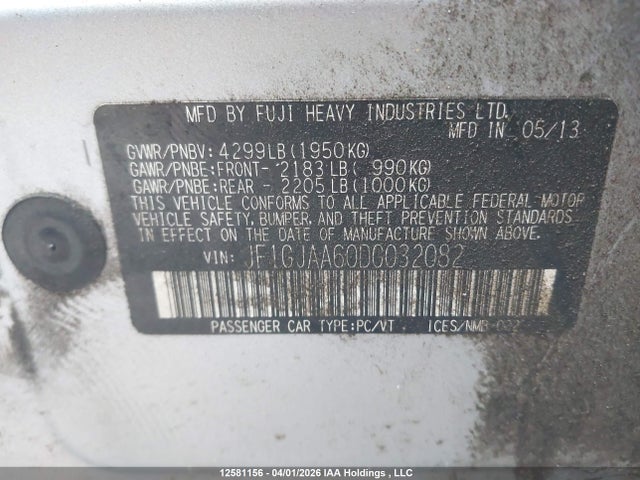 Aukcja sprzedaży 2013 Subaru Impreza, vin: JF1GJAA60DG032082, numer aukcji: 12581156