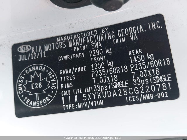 Продажа на аукционе авто 2012 Kia Sorento Ex Luxury V6/ex V6, vin: 5XYKUDA28CG220781, номер лота: 12581163