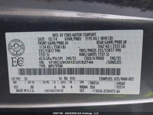 Aukcja sprzedaży 2014 Ford Escape Se, vin: 1FMCU9G9XEUC62744, numer aukcji: 12581166