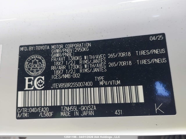 12581196 :رقم المزاد ، JTEVB5BR2S5007400 vin ، 2025 Toyota 4runner Hybrid مزاد بيع