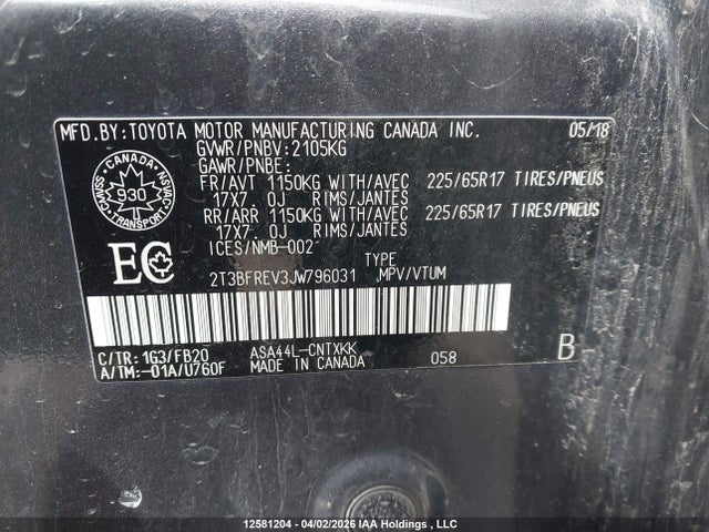 12581204 :رقم المزاد ، 2T3BFREV3JW796031 vin ، 2018 Toyota Rav4 مزاد بيع