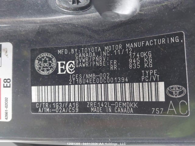 12581205 :رقم المزاد ، 2T1BU4EE0DC001394 vin ، 2013 Toyota Corolla S/le مزاد بيع