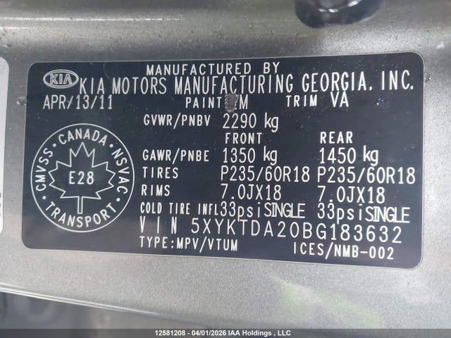 2011 Kia Sorento Lx მანქანა იყიდება აუქციონზე, vin: 5XYKTDA20BG183632, აუქციონის ნომერი: 12581208