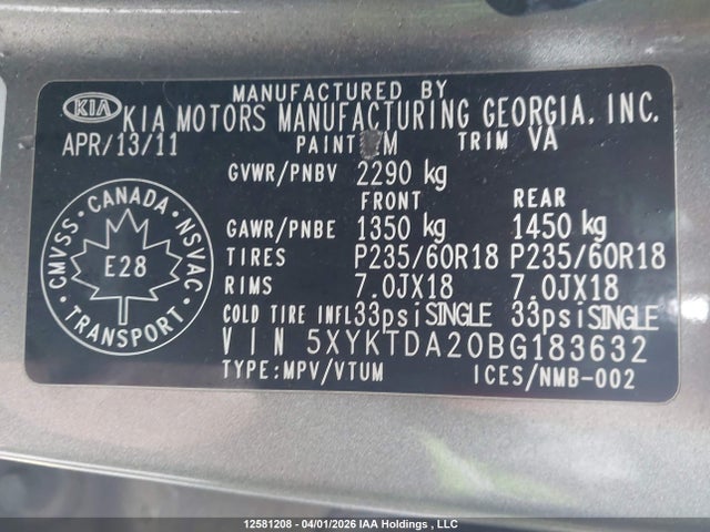 2011 Kia Sorento Lx მანქანა იყიდება აუქციონზე, vin: 5XYKTDA20BG183632, აუქციონის ნომერი: 12581208