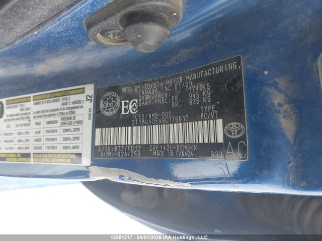 12581217 :رقم المزاد ، 2T1BU40E49C176617 vin ، 2009 Toyota Corolla S مزاد بيع