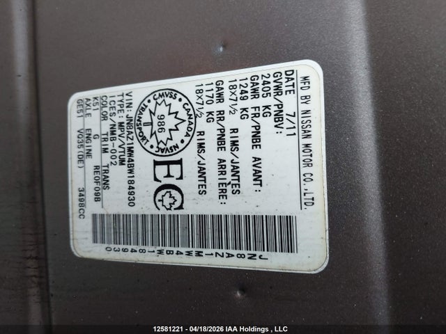 Aukcja sprzedaży 2011 Nissan Murano S/sl/le, vin: JN8AZ1MW4BW184930, numer aukcji: 12581221